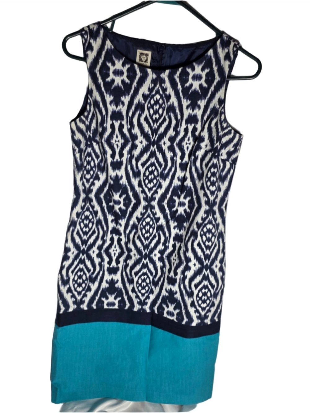Women's Anne Klein Mini Dress Size 4 Blue White Patterned Sleeveless boho chic